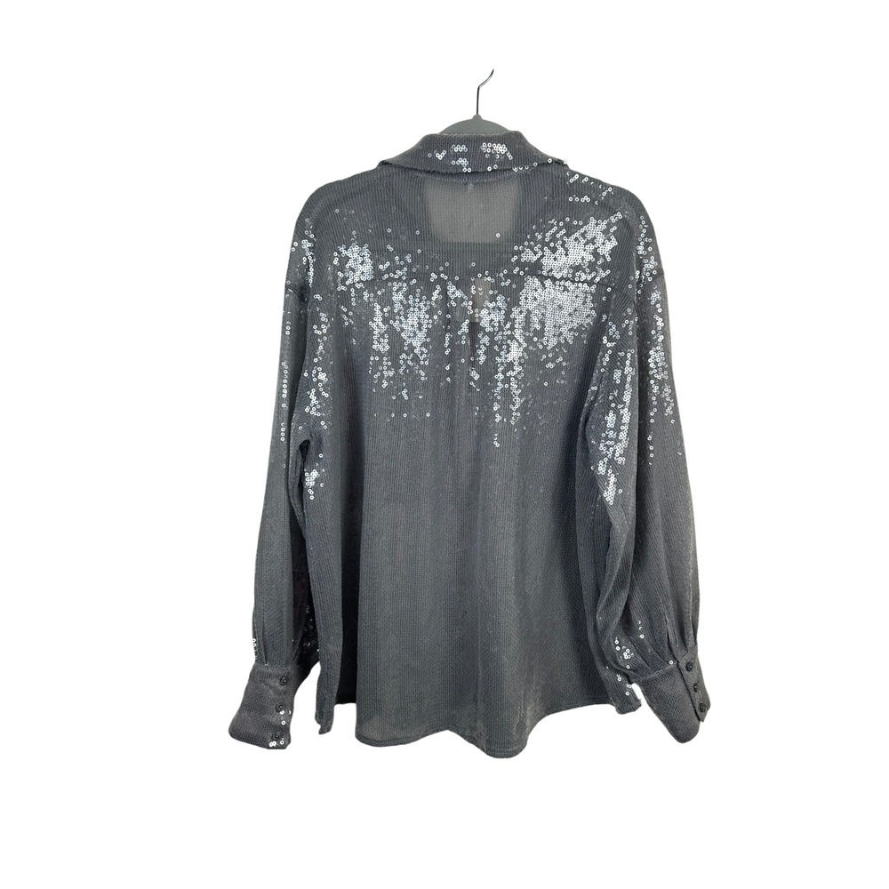 Free People Sequin Button Down Women M Carbon Grey NWT Oversized Glam Shirt - Picture 2 of 8